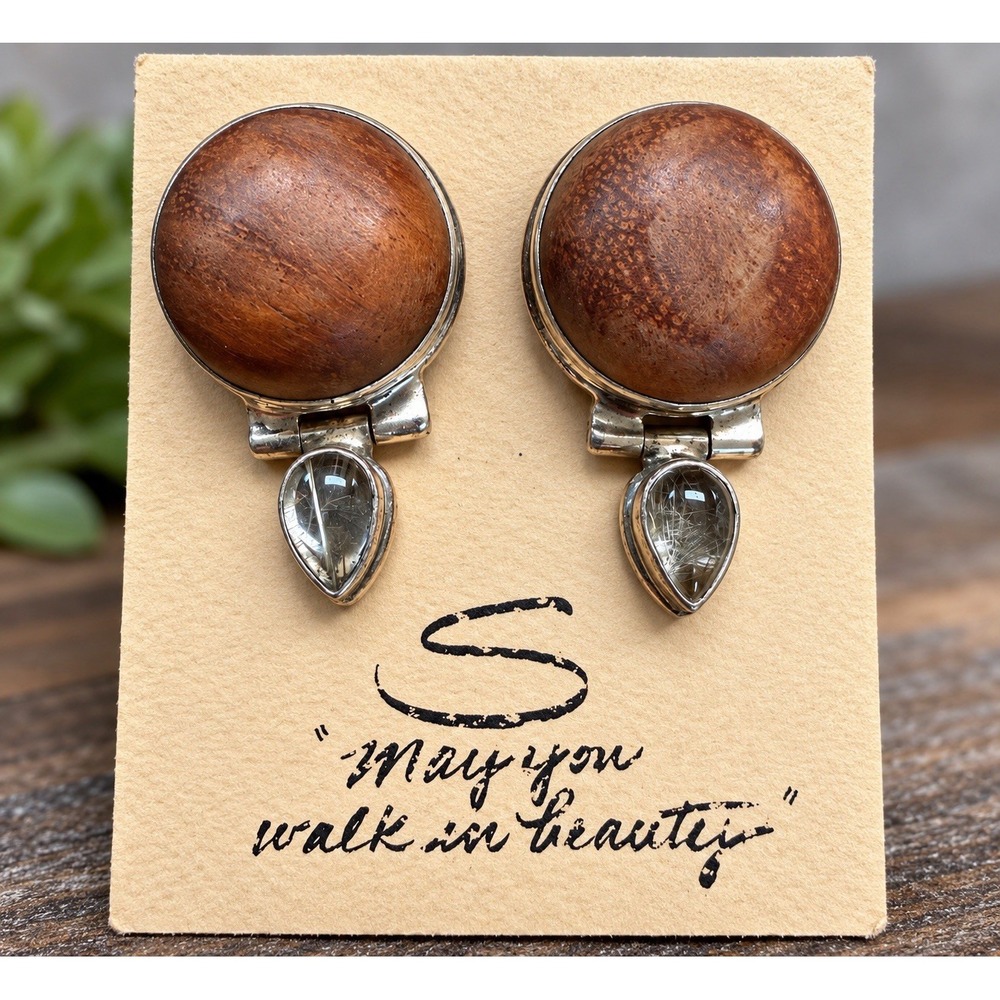 Artisan 925 Sterling Silver Wood Rutilated Quartz Dangle Post Earrings 17g